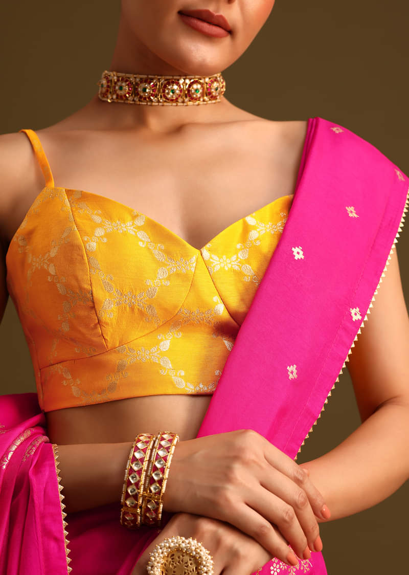 Dola Silk Rani Pink Saree With Lurex Butta And Contrast Unstitched Brocade Blouse