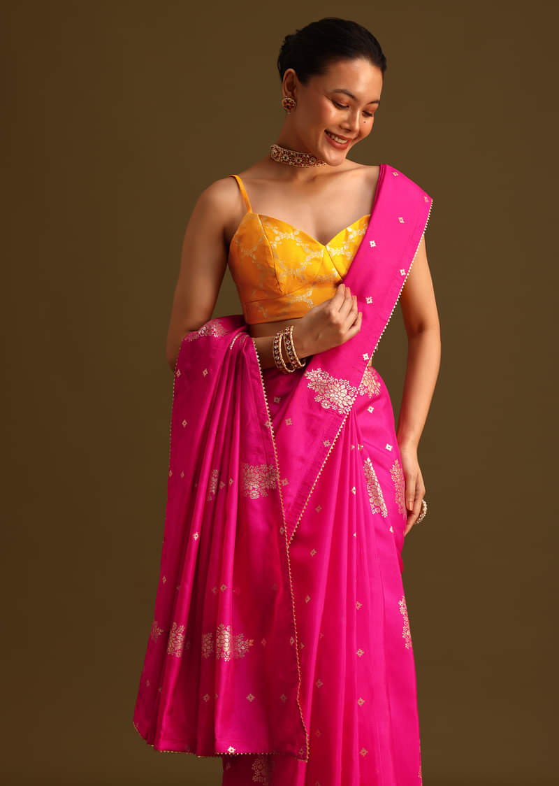 Dola Silk Rani Pink Saree With Lurex Butta And Contrast Unstitched Brocade Blouse