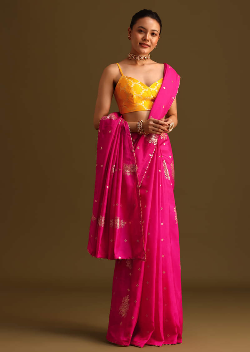Dola Silk Rani Pink Saree With Lurex Butta And Contrast Unstitched Brocade Blouse