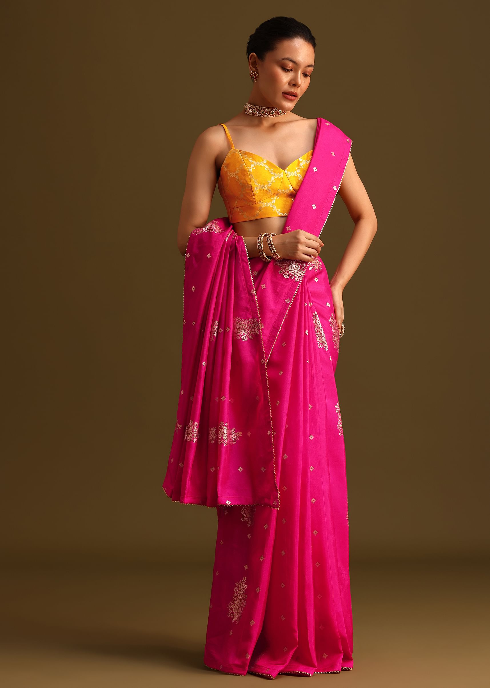 Buy Dola Silk Rani Pink Saree With Lurex Butta And Contrast