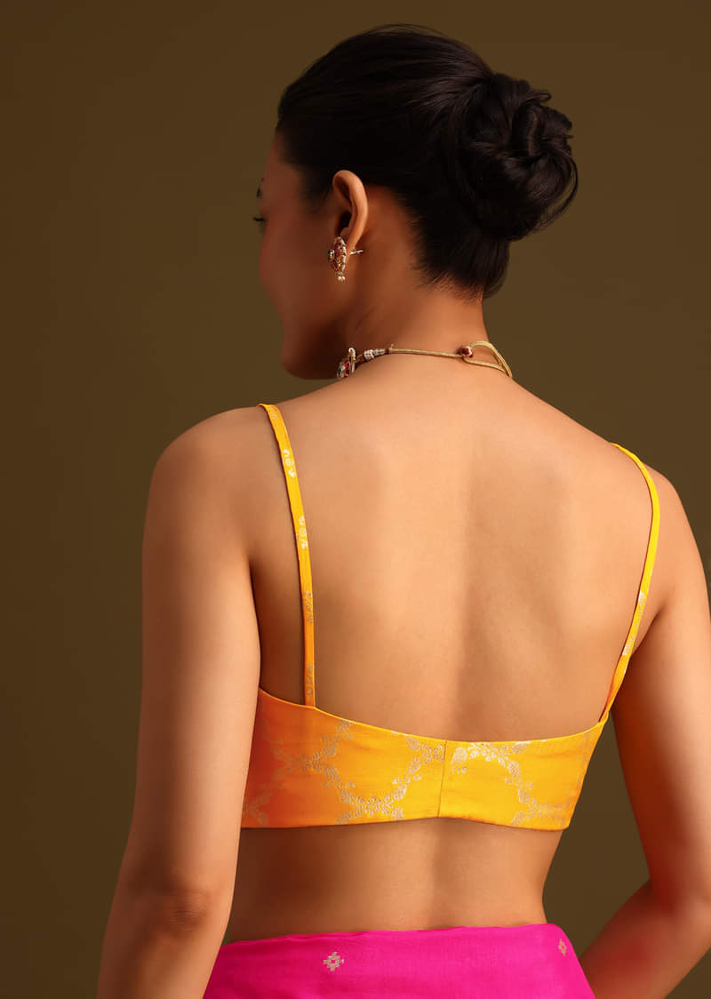 Dola Silk Rani Pink Saree With Lurex Butta And Contrast Unstitched Brocade Blouse