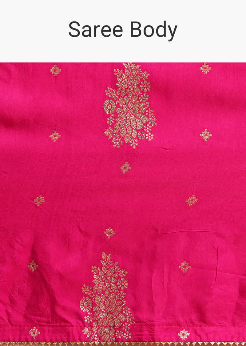 Dola Silk Rani Pink Saree With Lurex Butta And Contrast Unstitched Brocade Blouse
