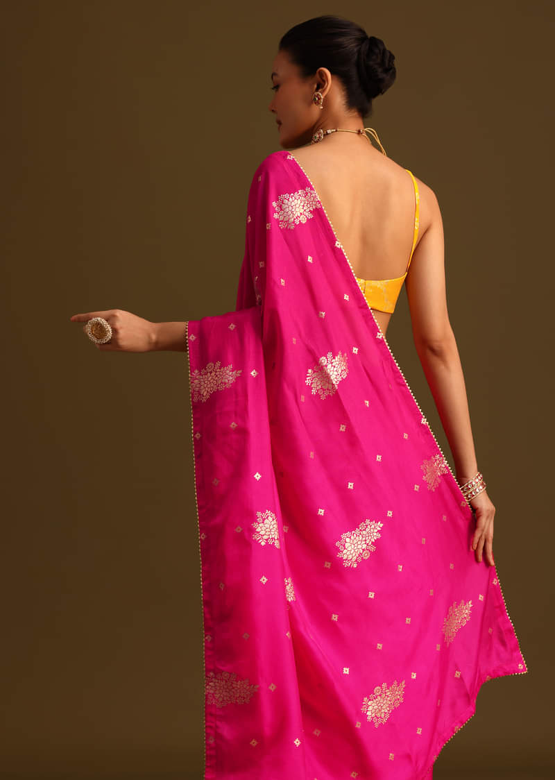 Dola Silk Rani Pink Saree With Lurex Butta And Contrast Unstitched Brocade Blouse