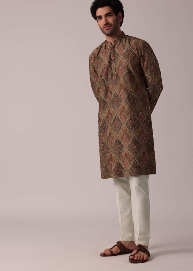 Dusky Brown Festive Silk Kurta Set For Men