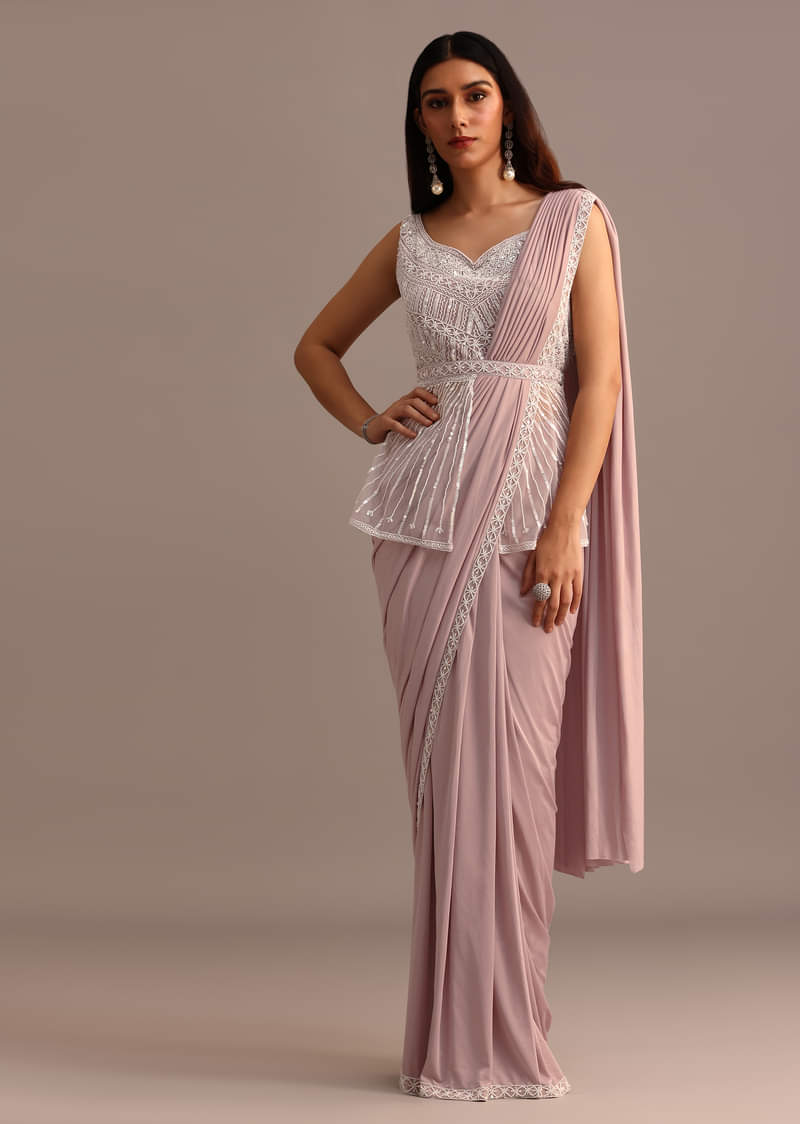 Dusky Pink Ready Pleated Saree With Embroidered Blouse