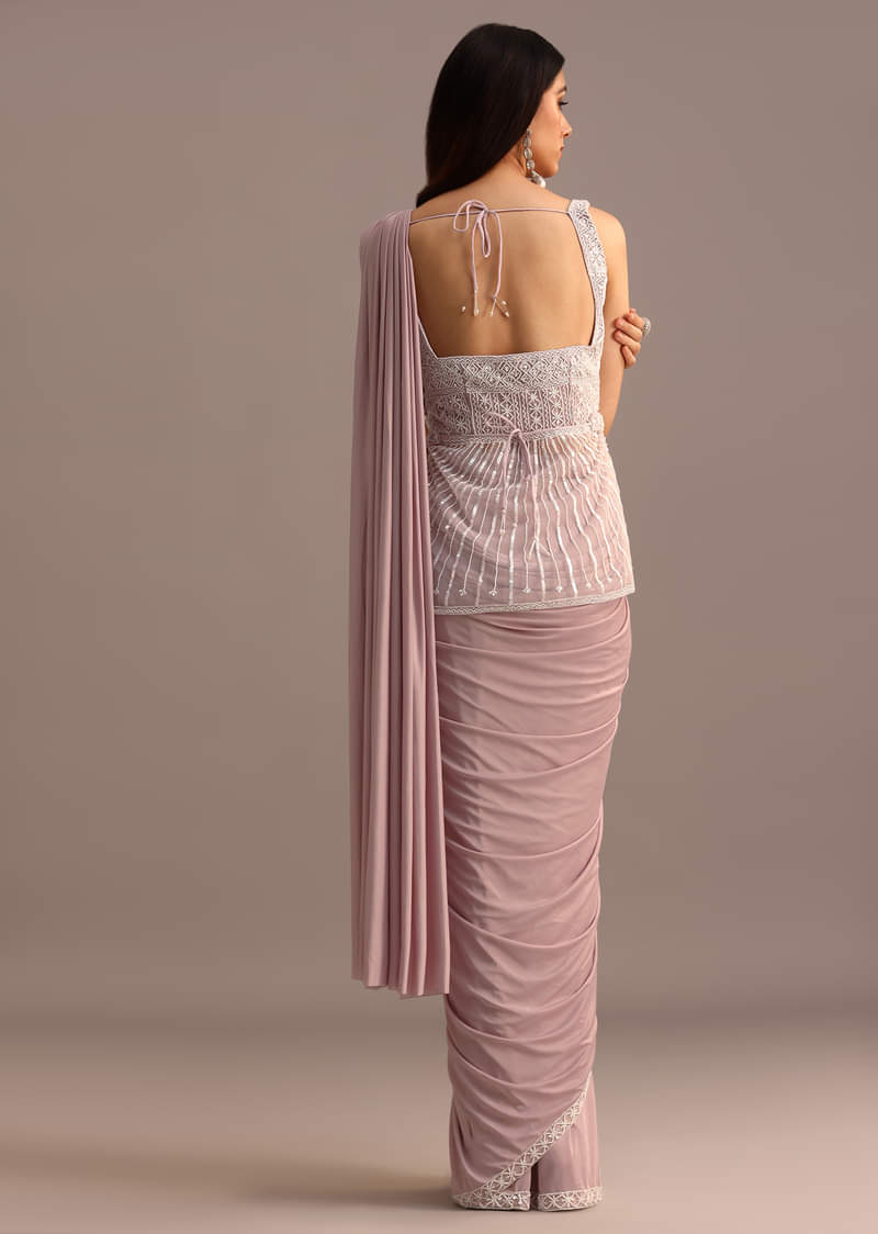 Dusky Pink Ready Pleated Saree With Embroidered Blouse