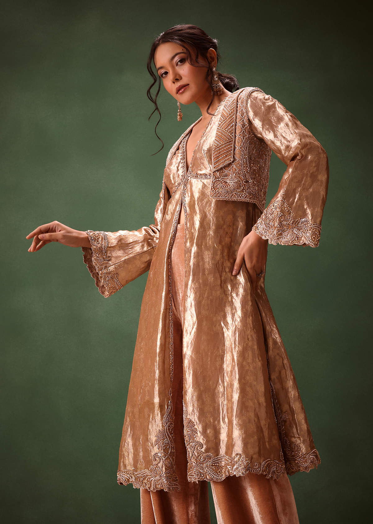 Dusty Brown Brocade Anarkali Style Kurti With Crop Jacket And Straight Flared Pant