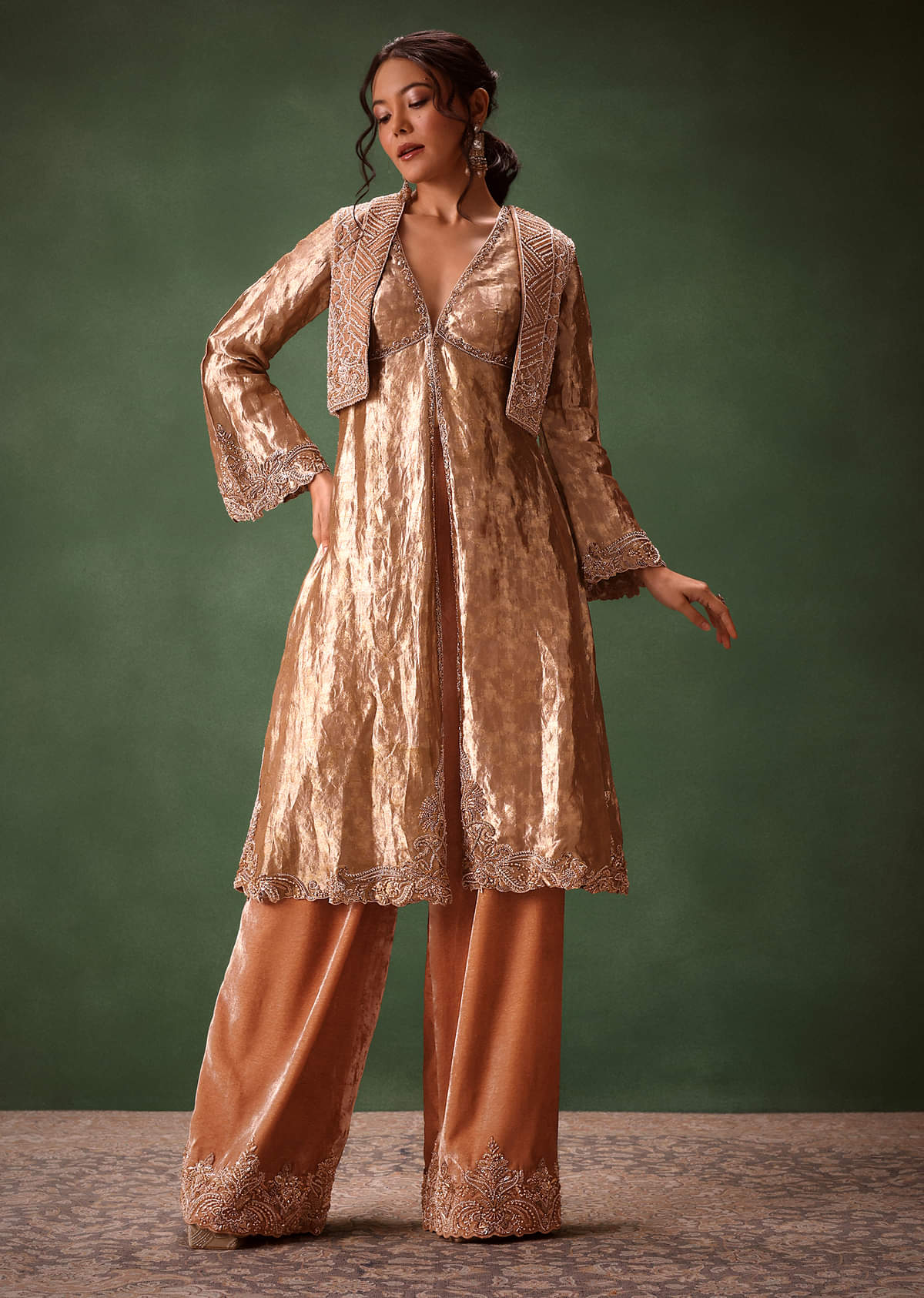 Dusty Brown Brocade Anarkali Style Kurti With Crop Jacket And Straight Flared Pant
