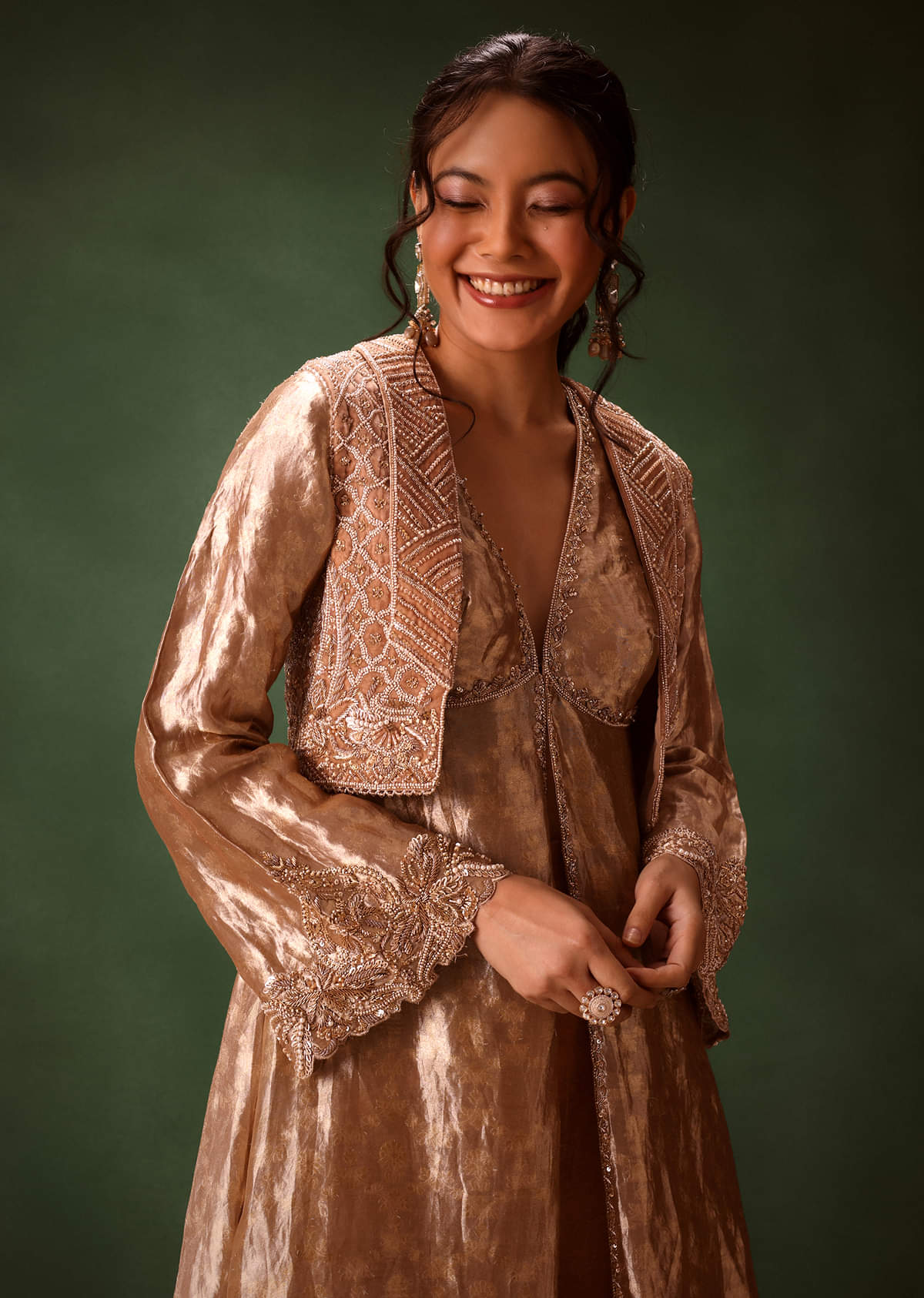 Dusty Brown Brocade Anarkali Style Kurti With Crop Jacket And Straight Flared Pant