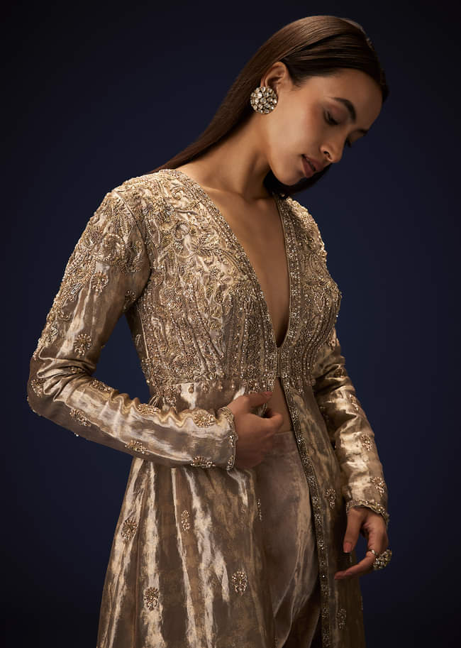 Dusty Brown Brocade Embroidered Long Jacket With Pencil Pant