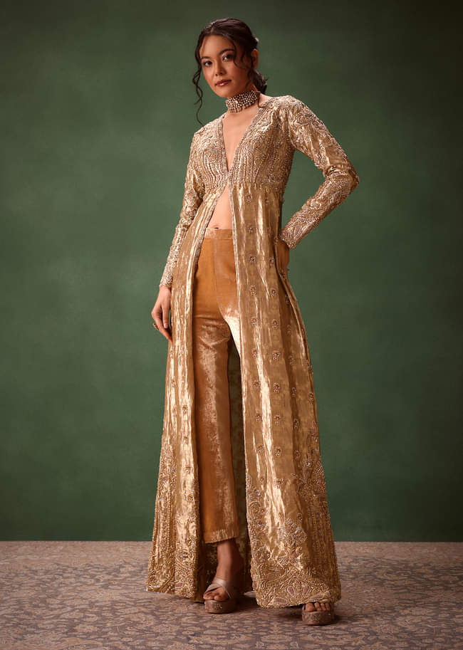 Dusty Brown Embroidered Long Jacket With Cigarette Pant