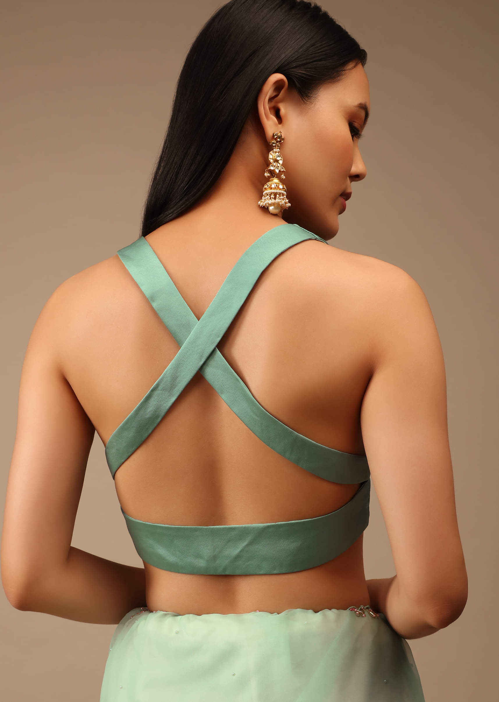 Dusty Jade Satin Blouse - Plunging Neckline & Criss-Cross Dusty Jade Satin Blouse - Plunging Neckline & Criss-Cross