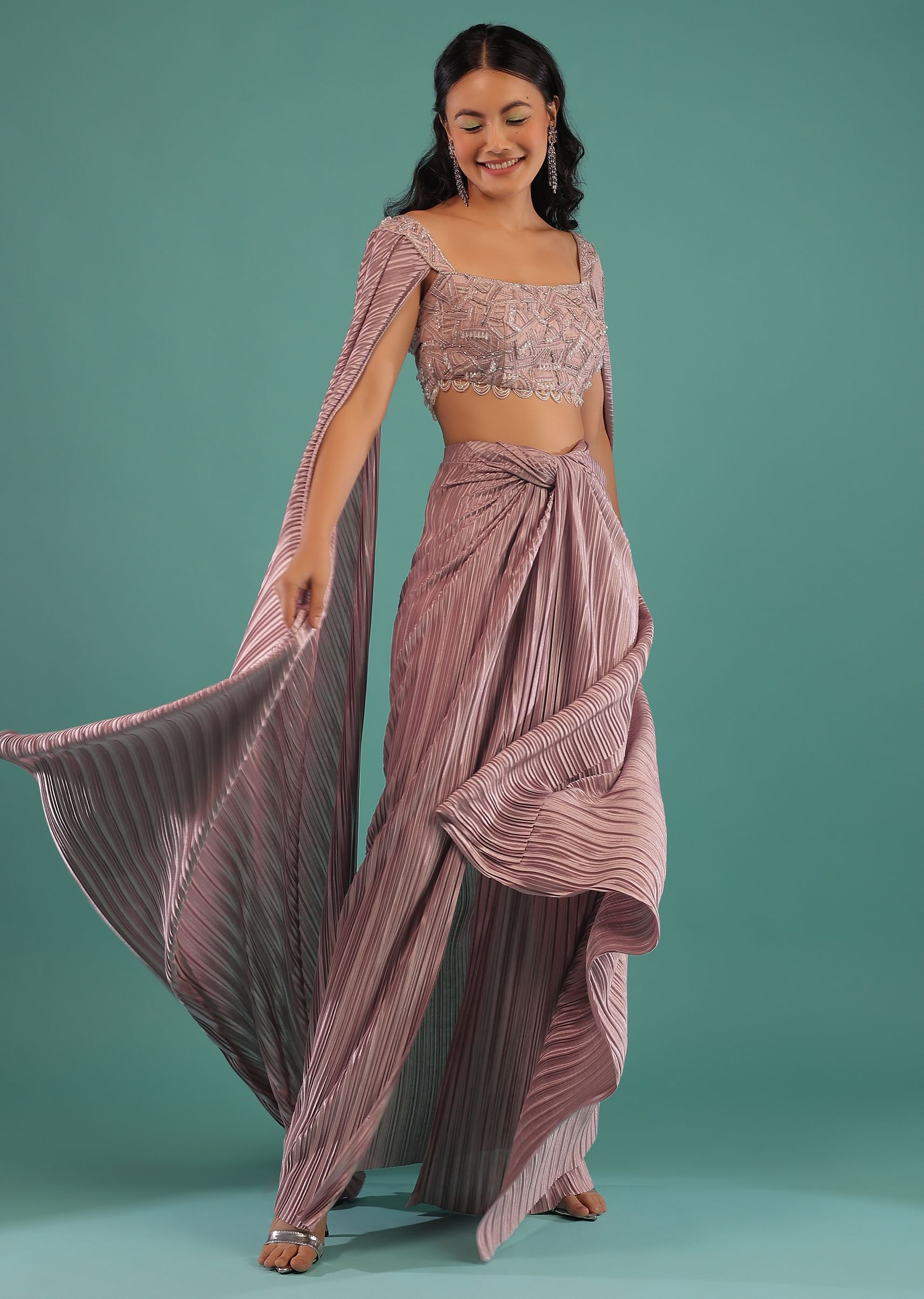 Buy Dusty Lavender Draped Skirt And Crop Top Set With Resham And 3D Embroidery And Extended Sleeves