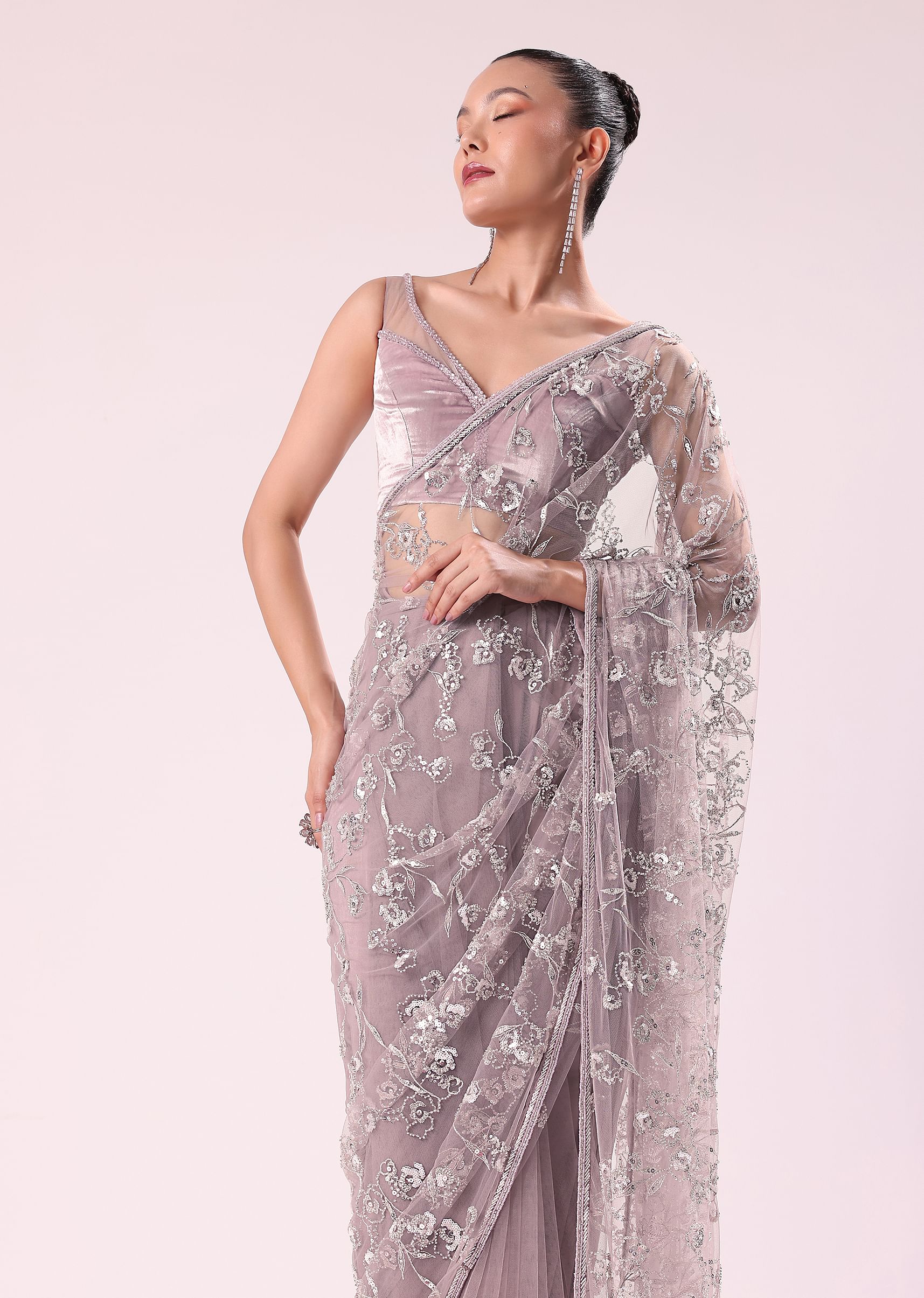 Buy Dusty Lilac Fancy Sequence Net Saree With Velvet Stitched And Unstitched Blouse