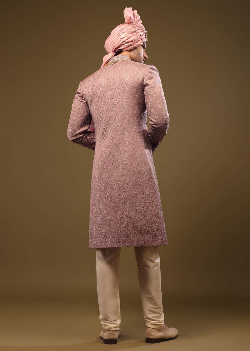 Dusty Pink Purple Thread Embroidered Sherwani Set In Silk