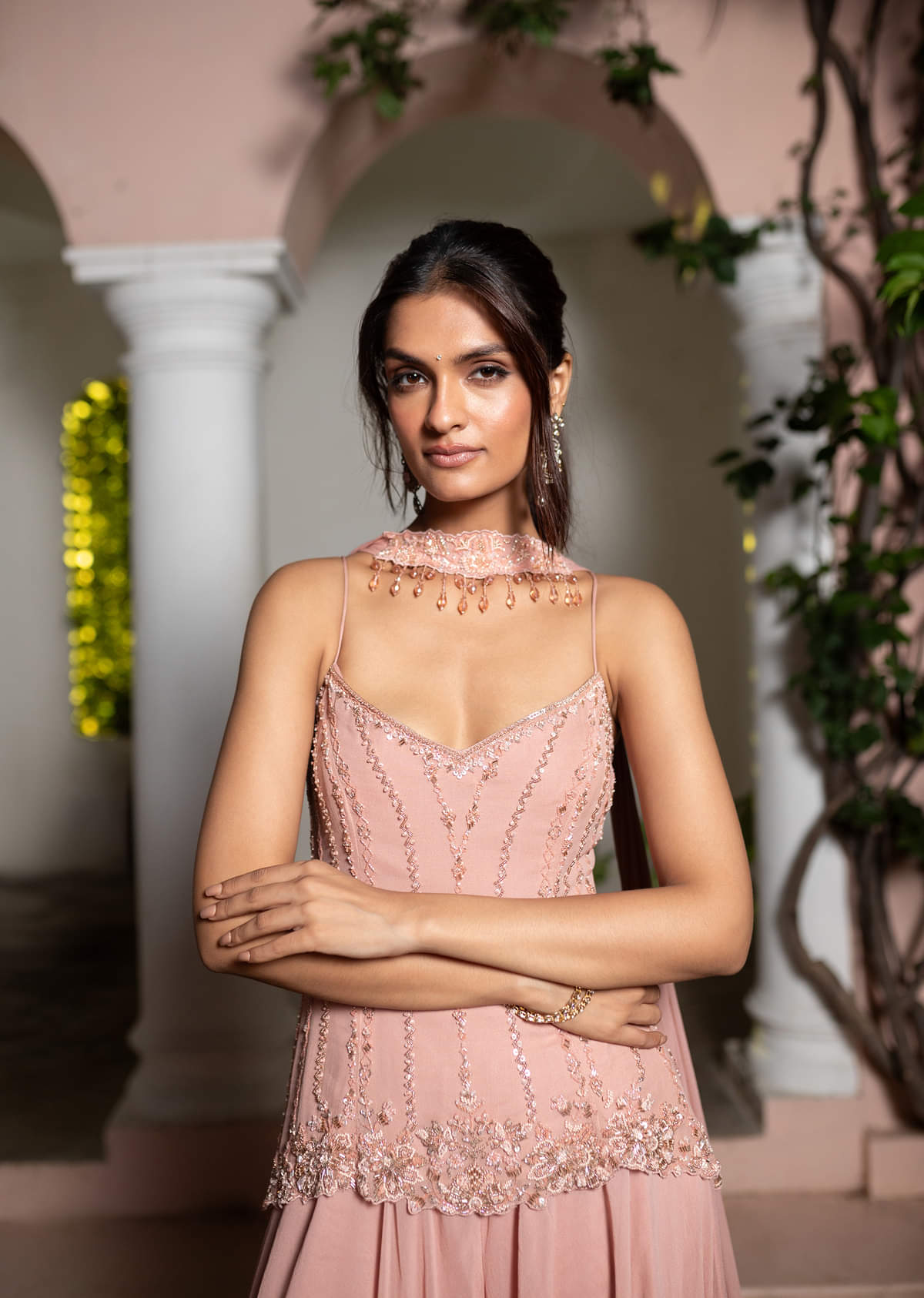 Dusty Pink Hand Embroidered Sharara Suit With Choker Dupatta