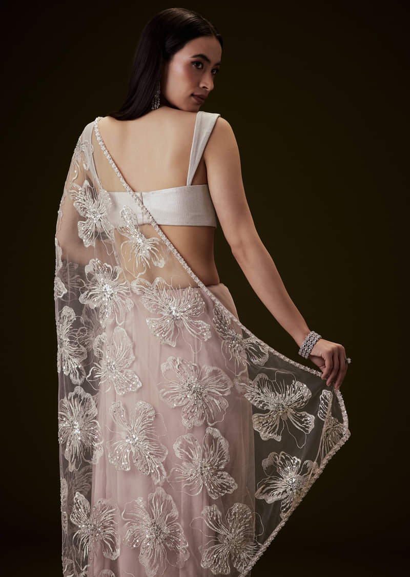 Dusty Pink Silver Blouse With Open Saree And Lace Detailing
