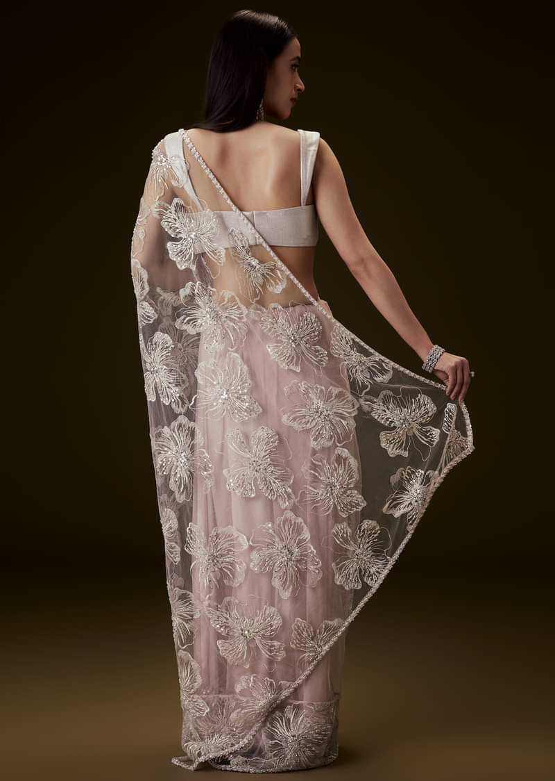 Dusty Pink Silver Blouse With Open Saree And Lace Detailing