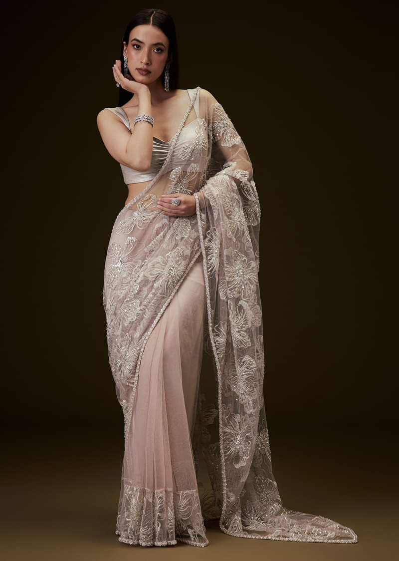Dusty Pink Silver Blouse With Open Saree And Lace Detailing