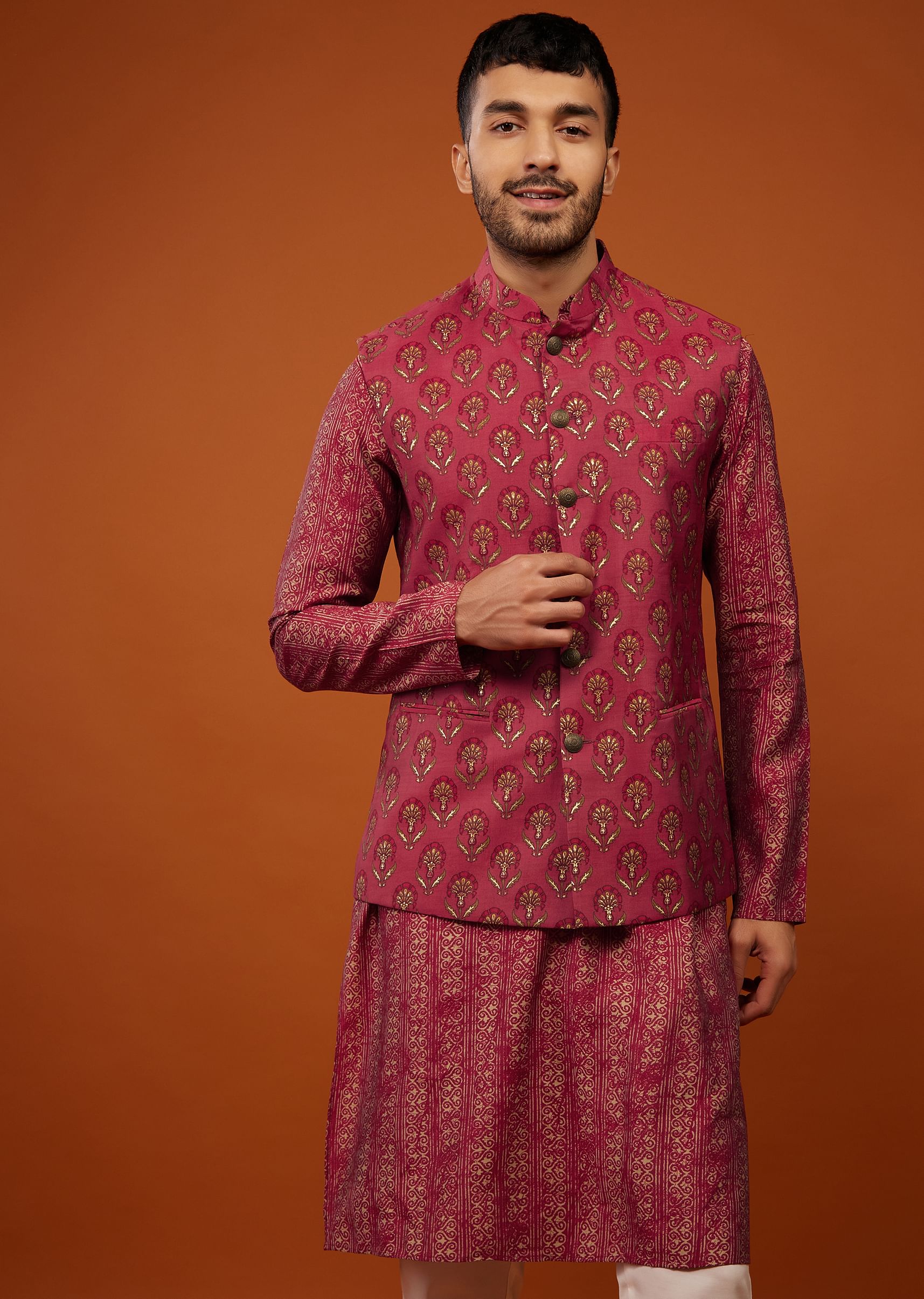 Buy Magenta Pink Printed Bandi Jacket Set In Cotton Silk KALKI Fashion Global