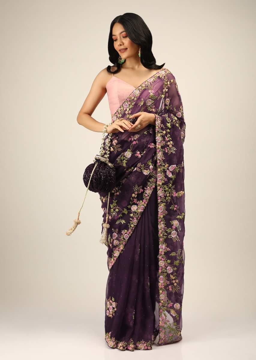 Buy Eggplant Purple Saree In Organza With Multi Color Resham