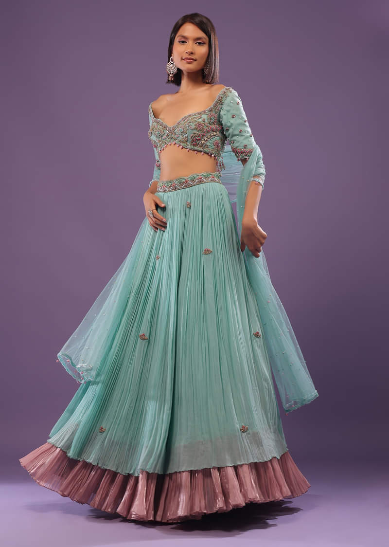 Sky Blue Embroidered Lehenga In Georgette