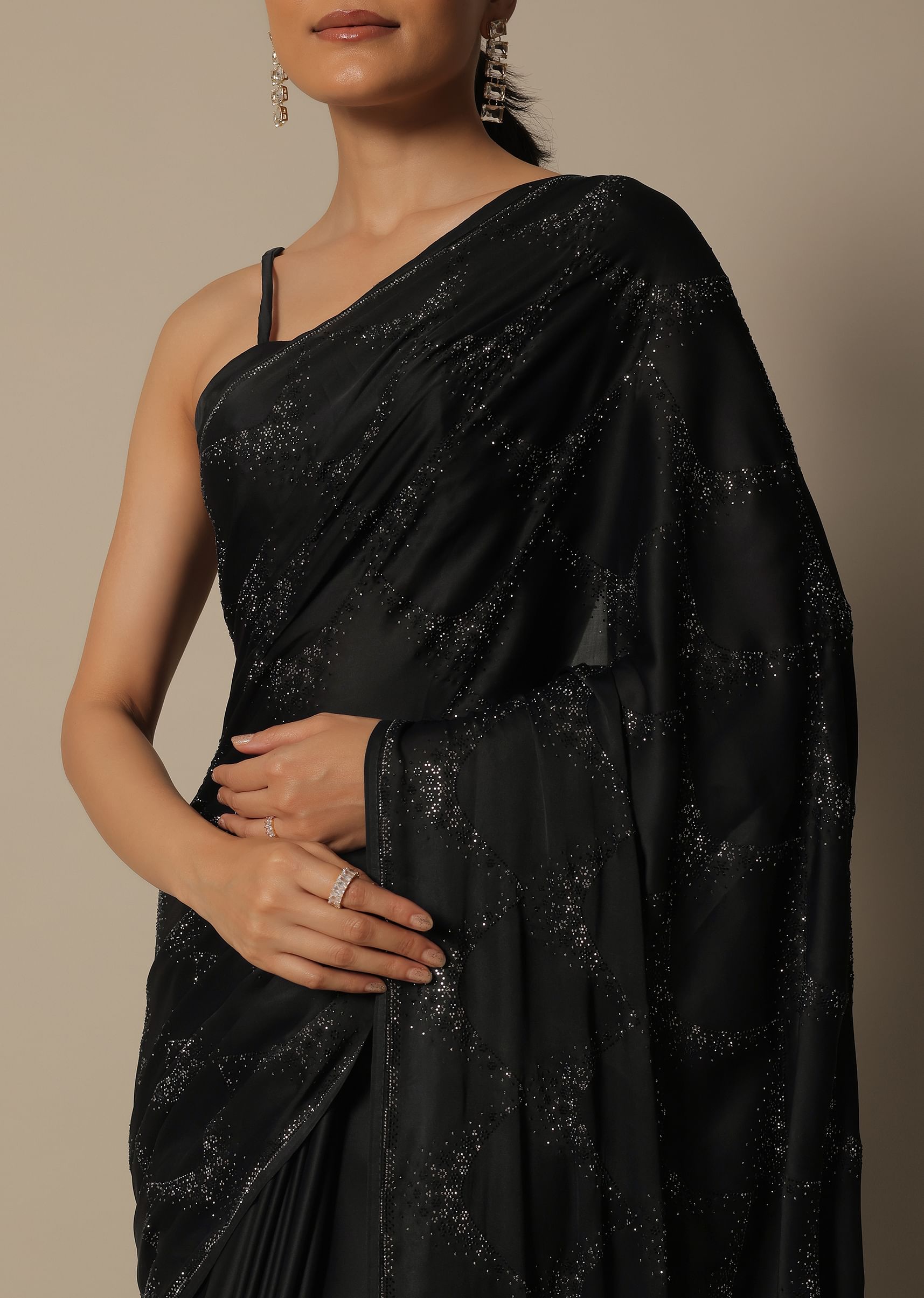 Buy Elegant Black Satin Saree With Unstitched Blouse