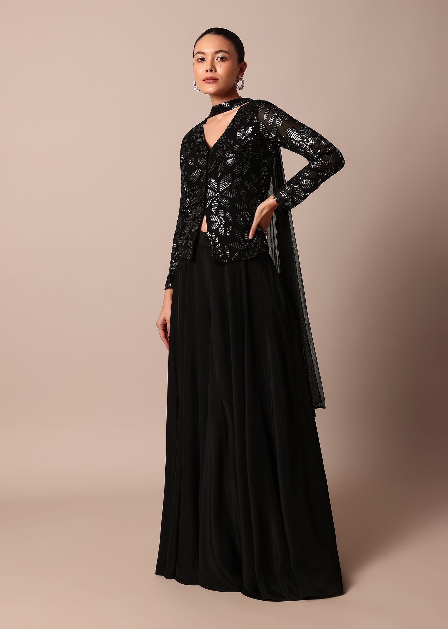 Buy Elegant Black Sequin Palazzo Suit Set KALKI Fashion Global