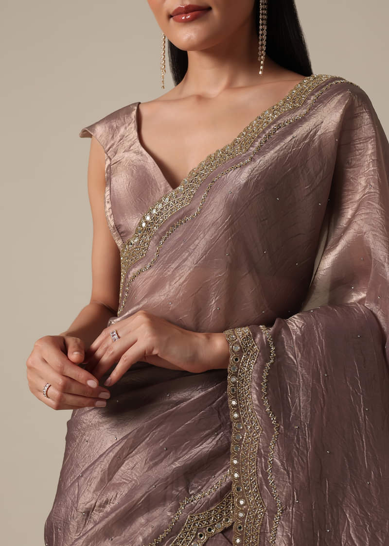 Elegant Brown Saree With Mirror and Stone Work