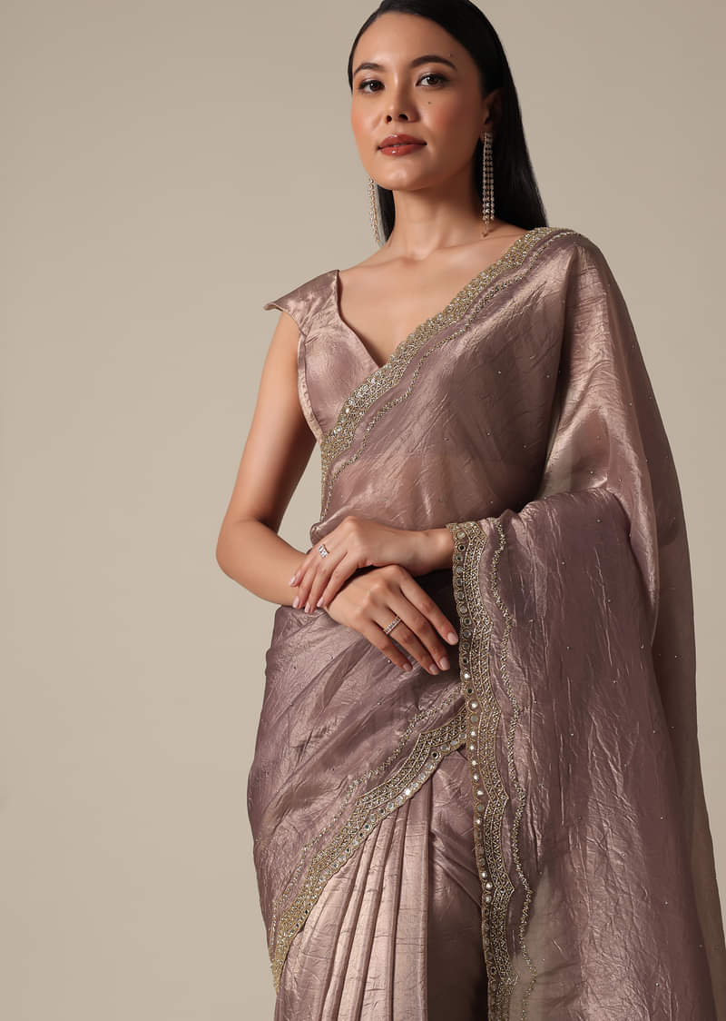 Elegant Brown Saree With Mirror and Stone Work