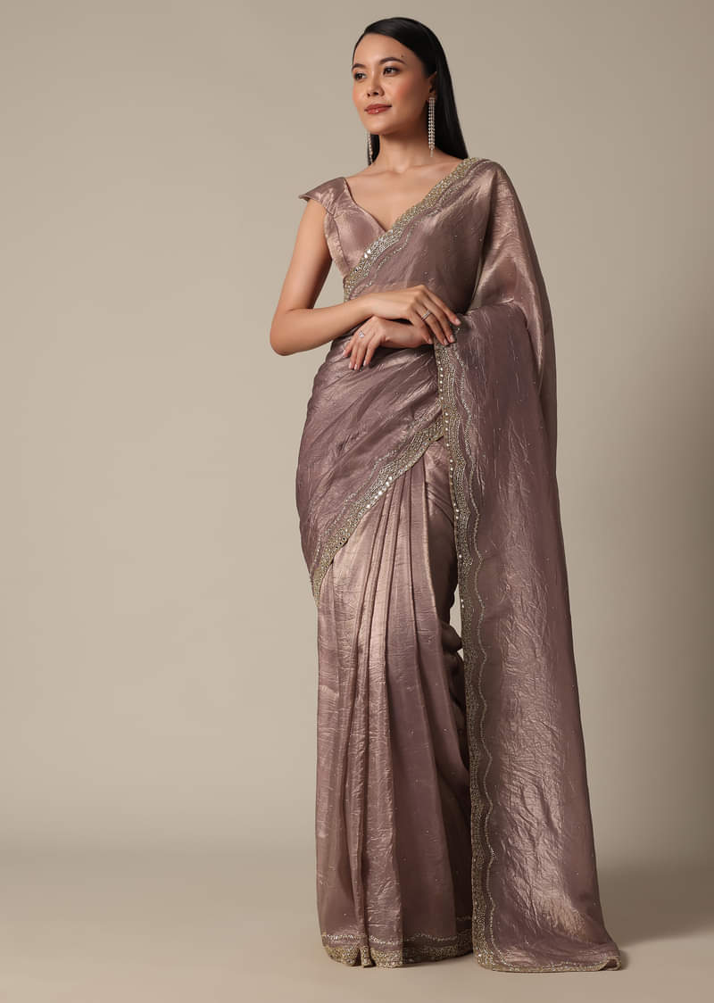 Elegant Brown Saree With Mirror and Stone Work