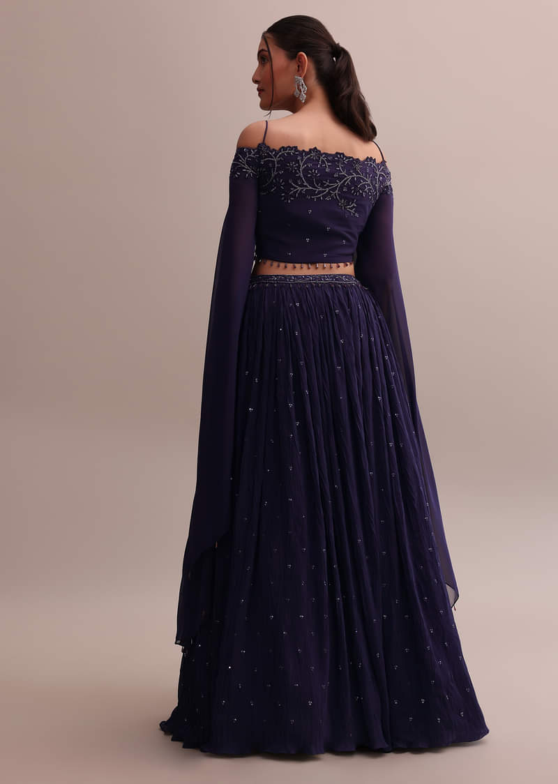 Elegant Georgette Purple Lehenga Set With Embroidered Off-Shoulder Crop Top