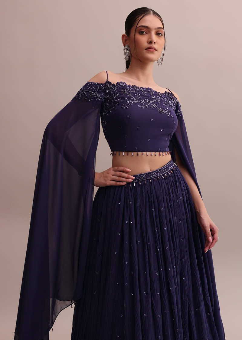 Elegant Georgette Purple Lehenga Set With Embroidered Off-Shoulder Crop Top