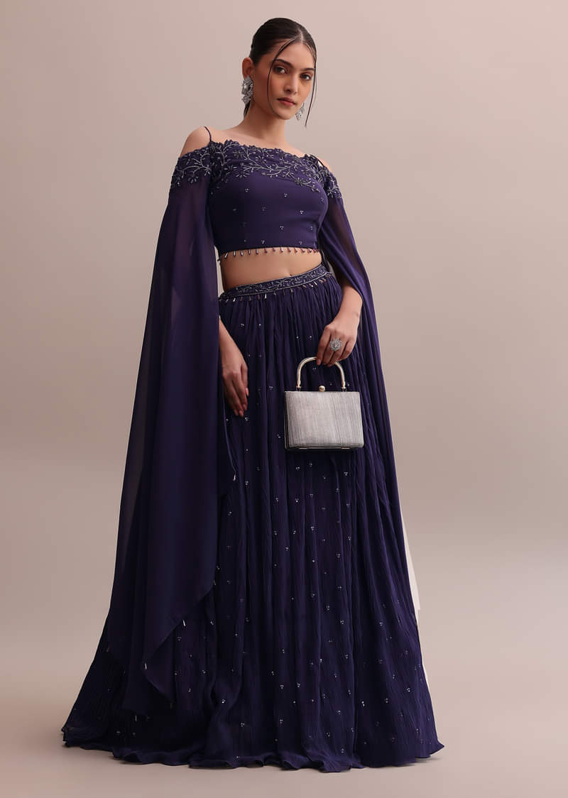Elegant Georgette Purple Lehenga Set With Embroidered Off-Shoulder Crop Top