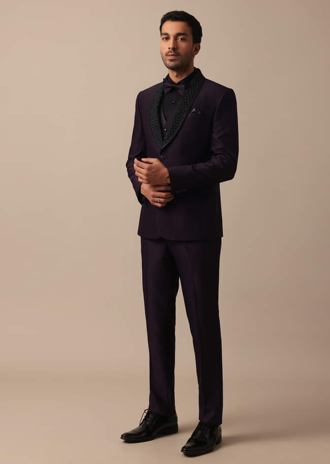 Elegant Intricate Embroidered Tuxedo Set in Purple