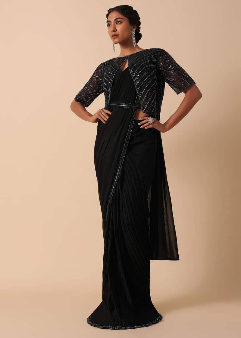 Elegant Pre Stitched Black Georgette Saree Set