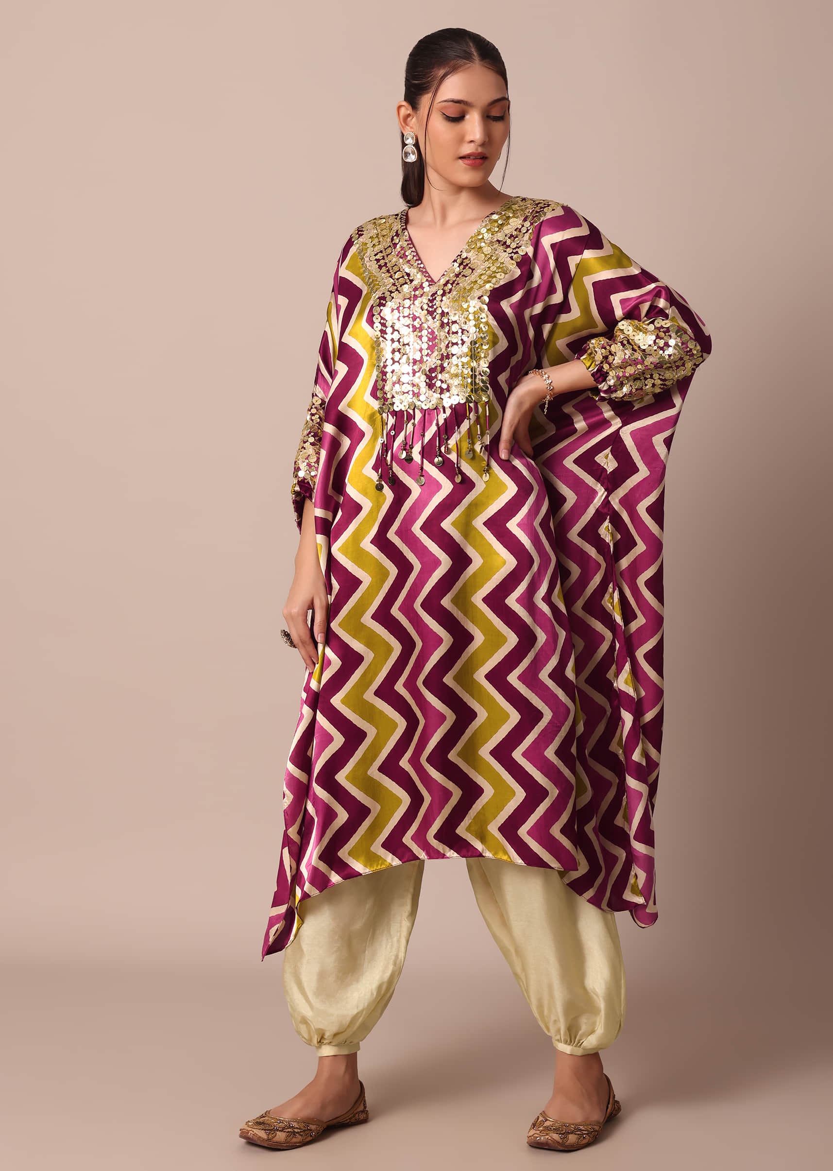 Buy Elegant Wine And Yellow Chevron Printed Sequins