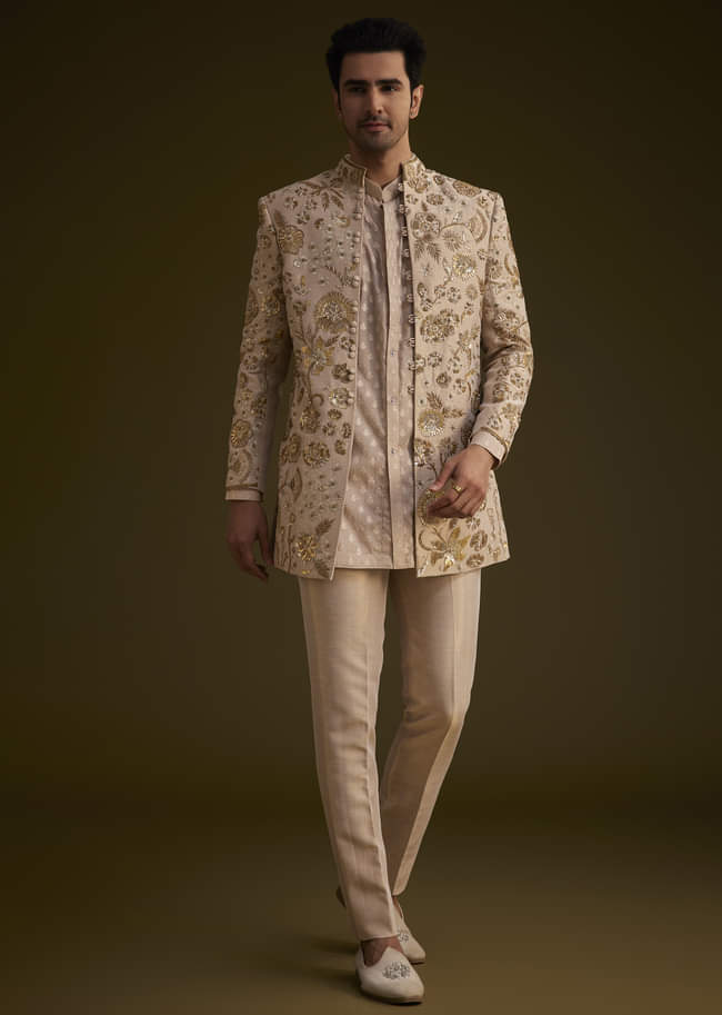 Gold Silk Indowestern Suit With Floral Zardosi Embroidery