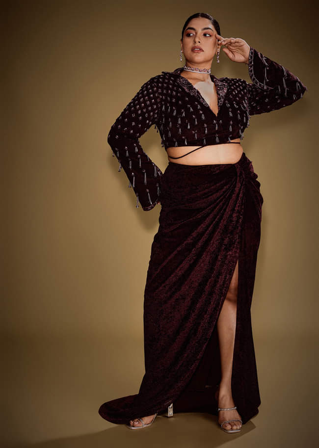 Embroidered Wine Velvet Blazer Blouse With Tassels And Draped Skirt 