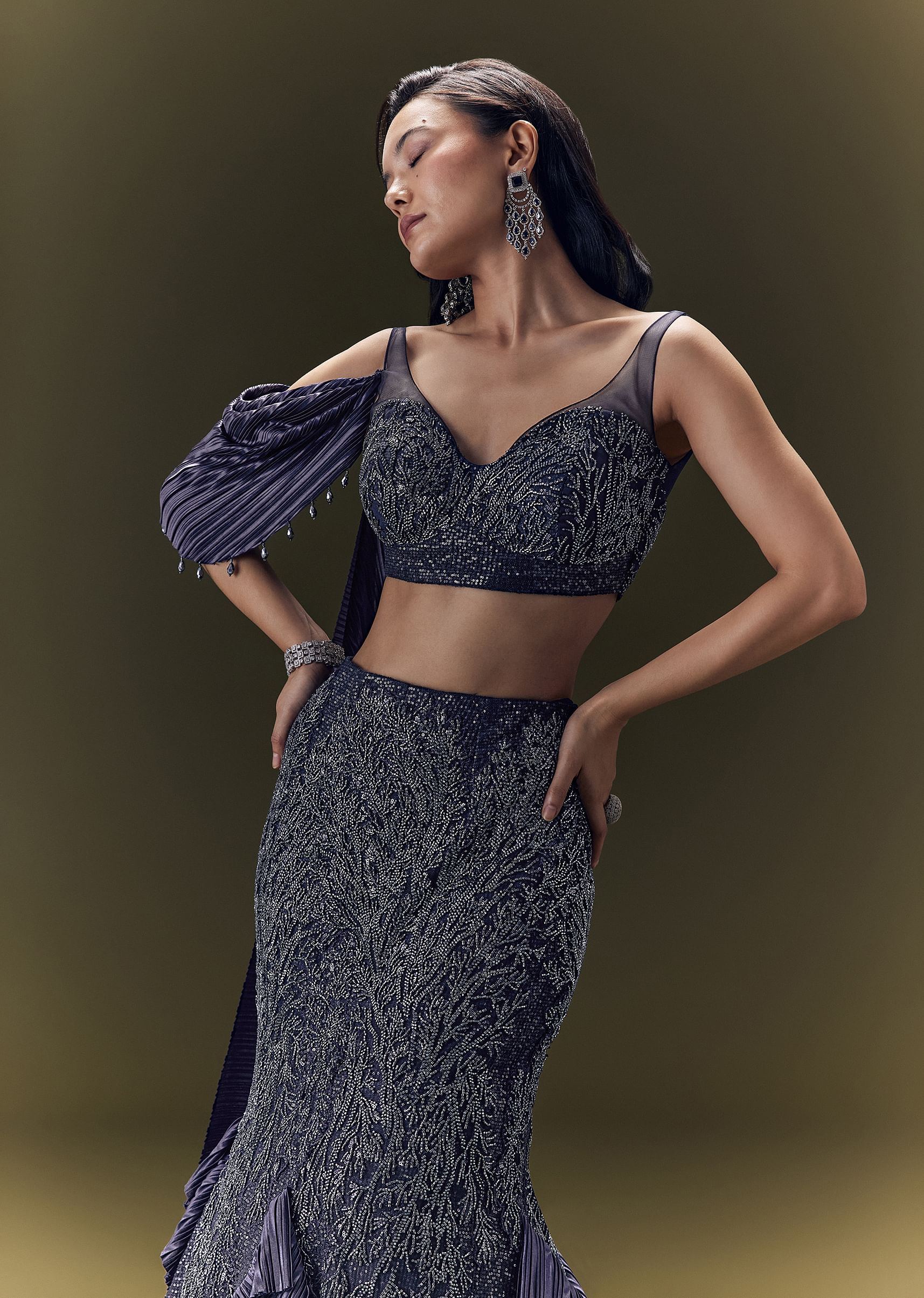 Buy Embroidered Bodice Lehenga With Puff Sleeves Cape