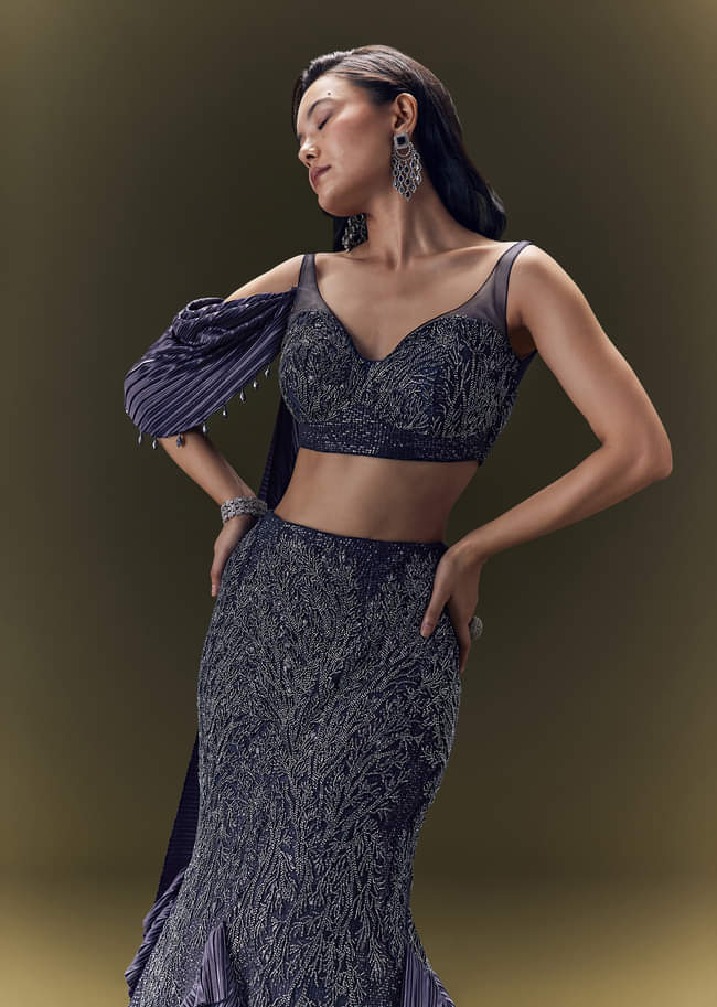 Navy Blue Crepe Ensemble With Pleated Cape Blouse And Fish Cut Skirt