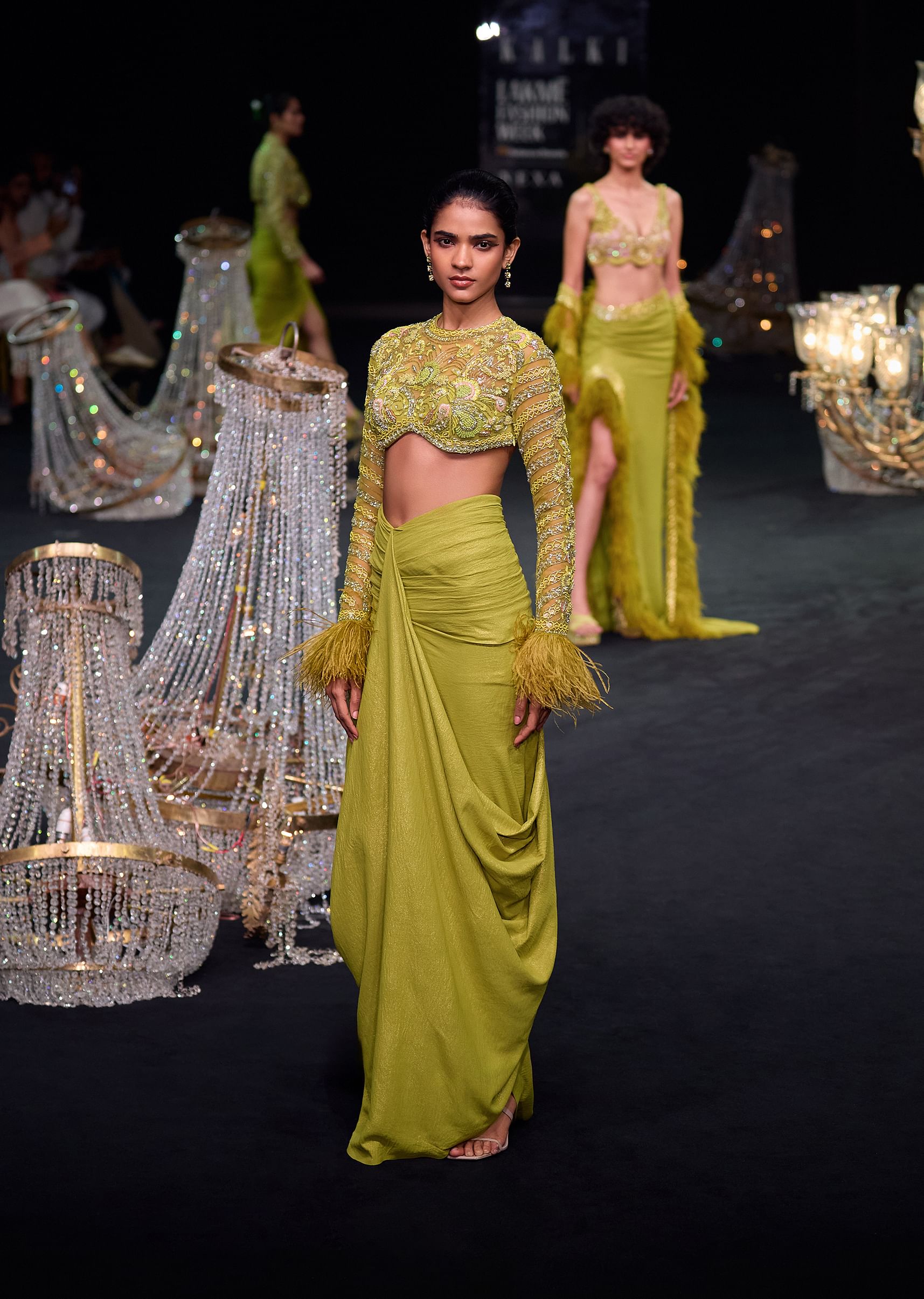 Buy Citrus Green Satin Net Draped Trail Skirt With Feather Embellished Bustier KALKI Fashion India