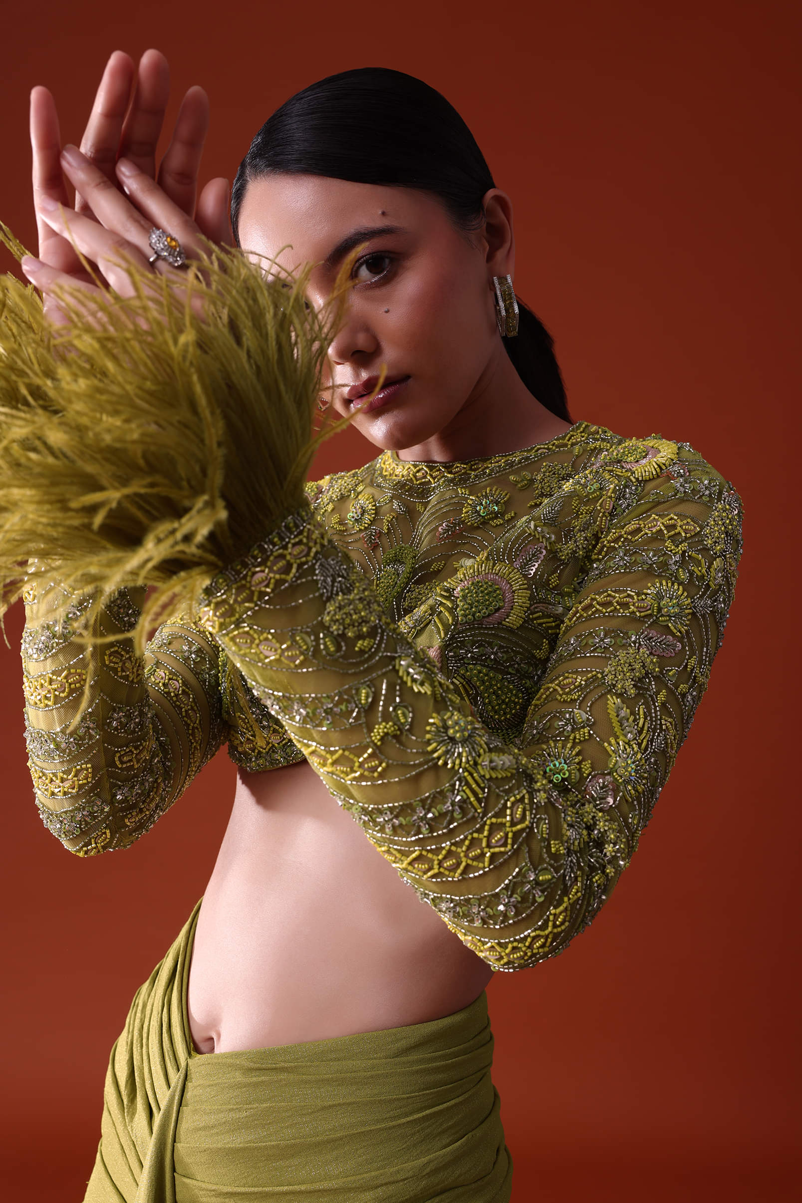 Buy Citrus Green Satin Net Draped Trail Skirt With Feather