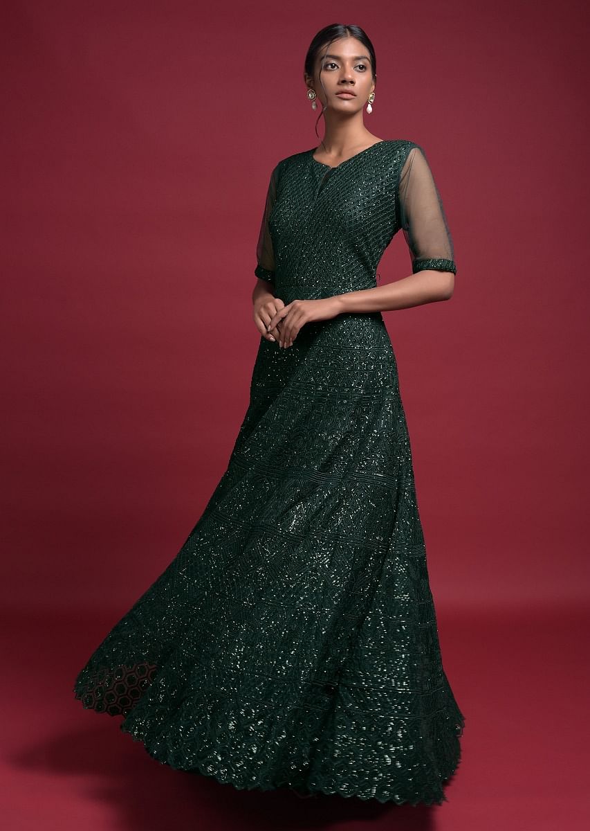 Buy Emerald Green Anarkali Suit In Net With Thread And Sequins Embroidered  Geometric Pattern Online - Kalki Fashion