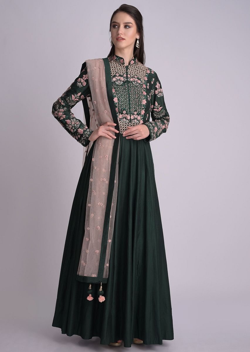 Buy Emerald Green Anarkali Suit In Raw Silk With Floral Embellished Bodice|  KALKI Fashion Global