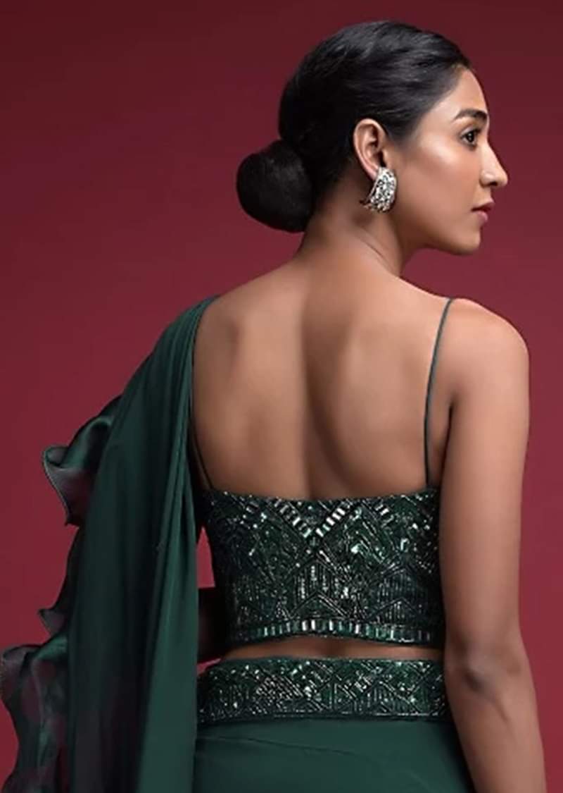 Emerald Green Corset Blouse With Hand Embellished Cut Dana And Sequins Accents And Spaghetti Straps 