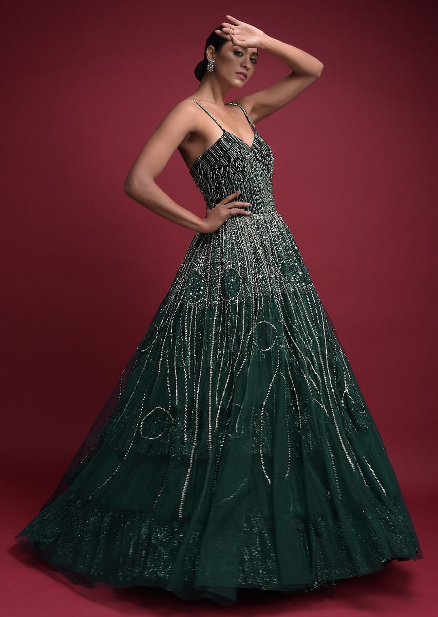 Buy Emerald Green Corset Gown In Net With Velvet Bodice With Sequins Work In Geometric Pattern Online Kalki Fashion