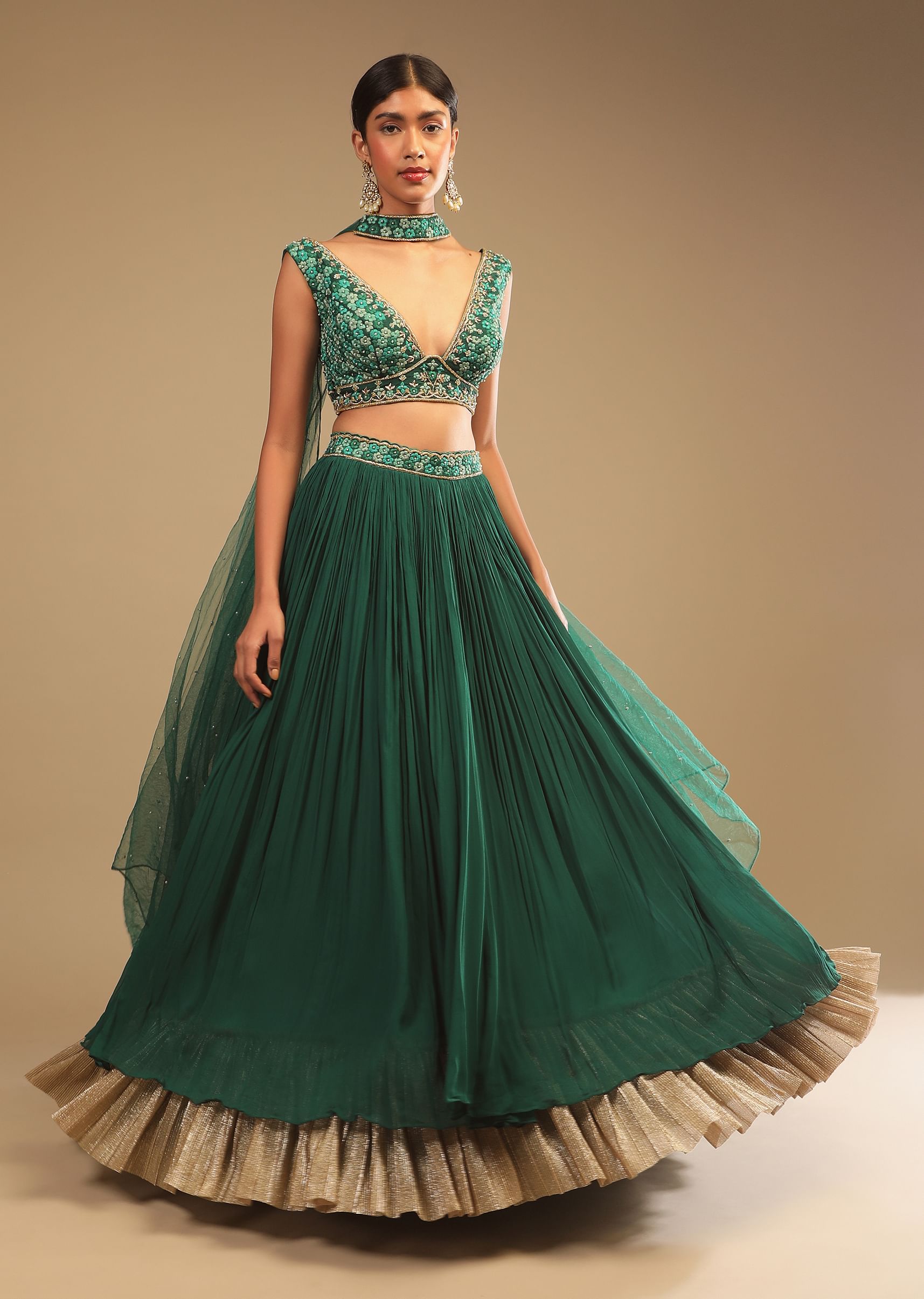 Buy Emerald Green Lehenga In Georgette With A Plunging Neck Crop Top Featuring Floral Hand Work And Choker Dupatta Online Kalki Fashion