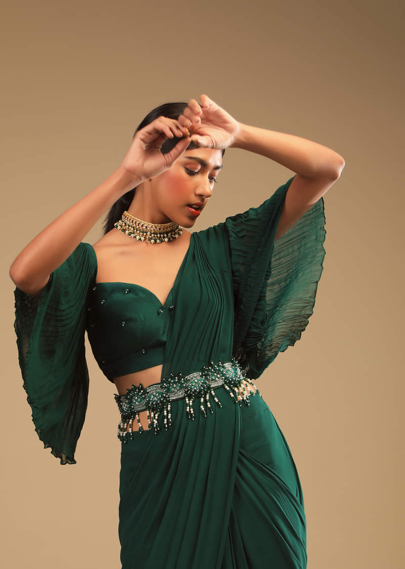 Emerald Green Ready To Wear Saree In Georgette With Bell Sleeves Crop Top And Chunky Embroidered Belt  