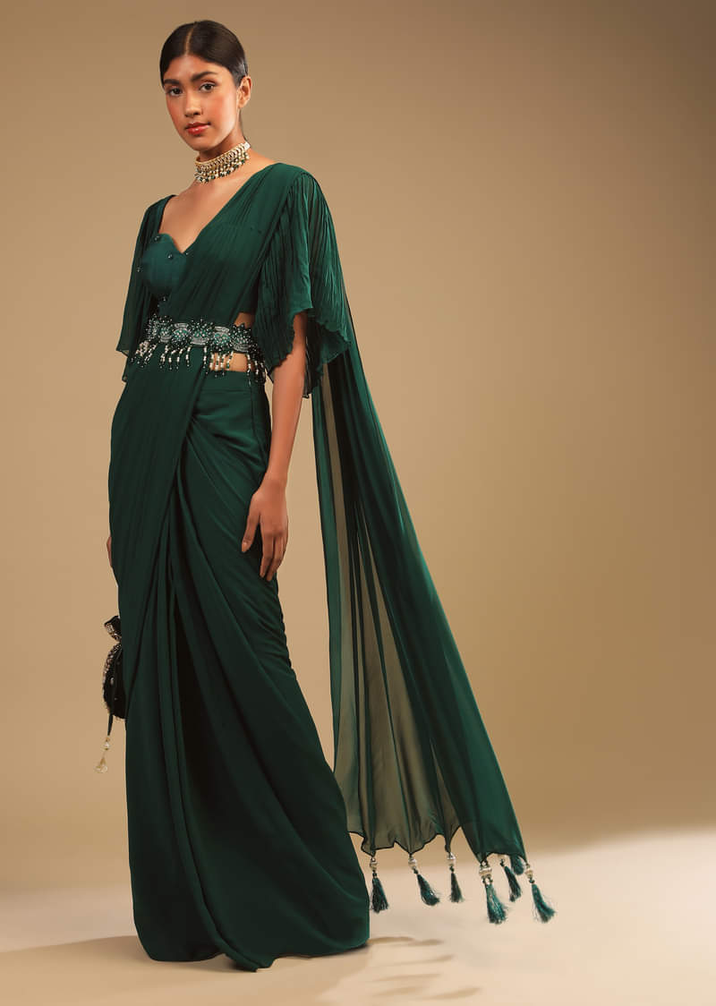 Emerald Green Ready To Wear Saree In Georgette With Bell Sleeves Crop Top And Chunky Embroidered Belt  